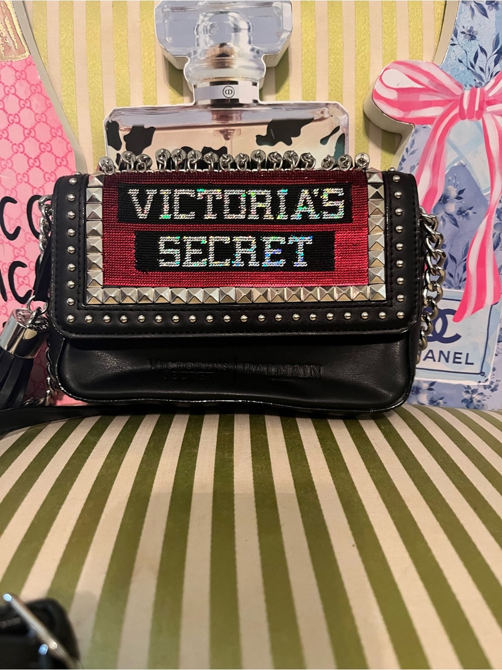 Balmain Black Leather Crossbody with Red and Teal Beaded Patch